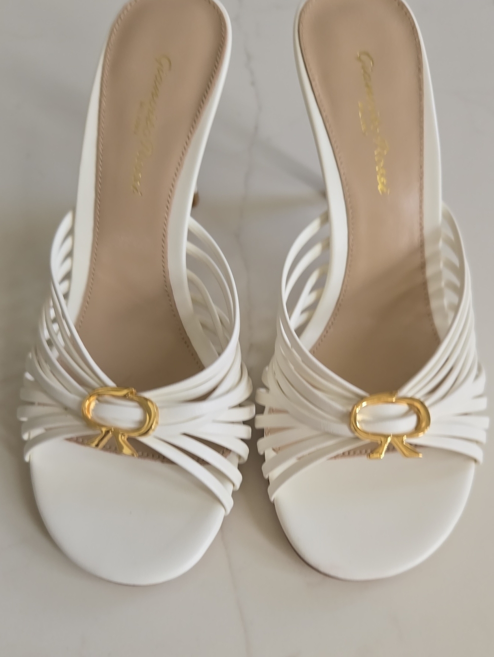 Gianvito Rossi White Strappy Slide Mules with Gold Logo Accent